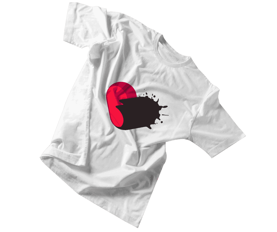 A screen-printed t-shirt with the Ink Kat splat design