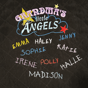 A black quilted blanket printed Grandma's Little Angels above a spread of grandchildren's names