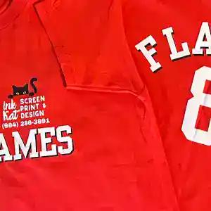 A red team hoodie printed with a name and number, tagged with the Ink Kat label