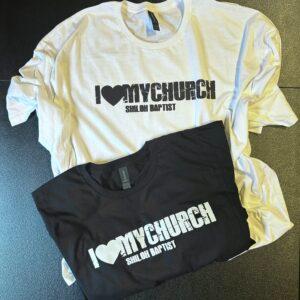 Matching white and black church tees screen printed with an I Love My Church design