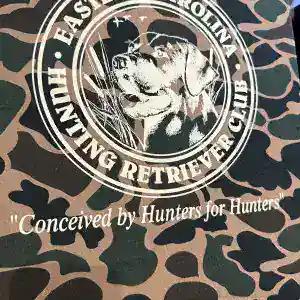 A camouflage tee printed with the Eastern Carolina Hunting Retriever Club seal