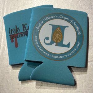 Printed can coolers, one carrying the Junior Women's League of Smithfield crest