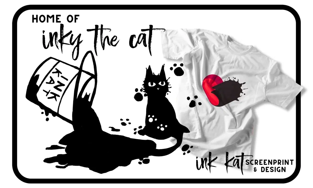 Home of Inky the Cat — a spilled Ink Kat ink pot, the black cat mascot, and a printed t-shirt