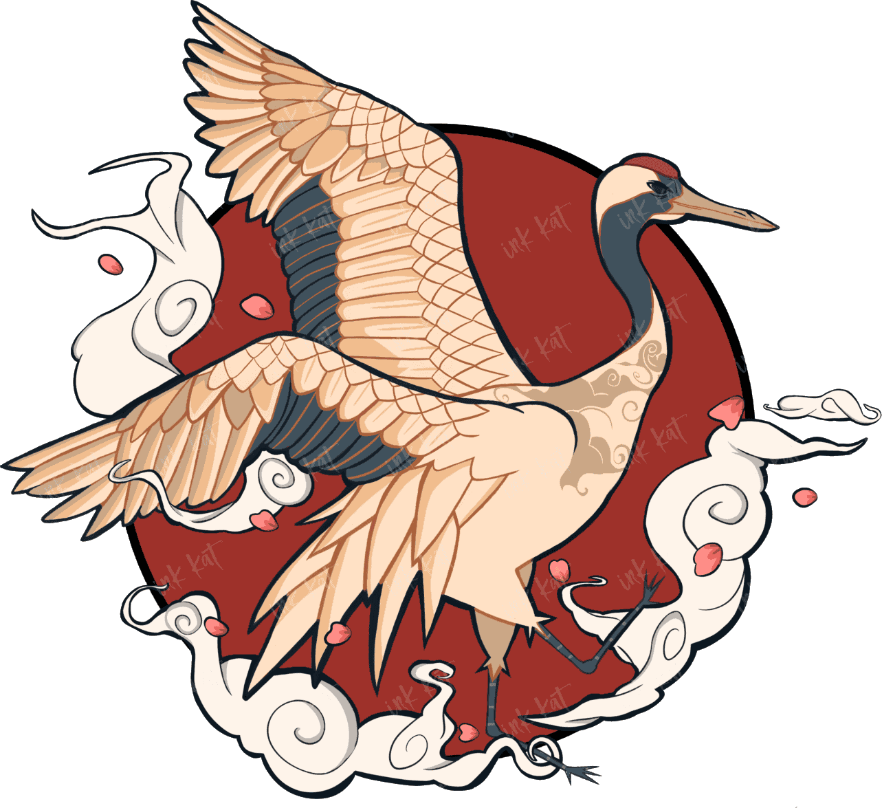 A crane in flight against a red sun, framed by stylised clouds and cherry blossom — an original Ink Kat illustration