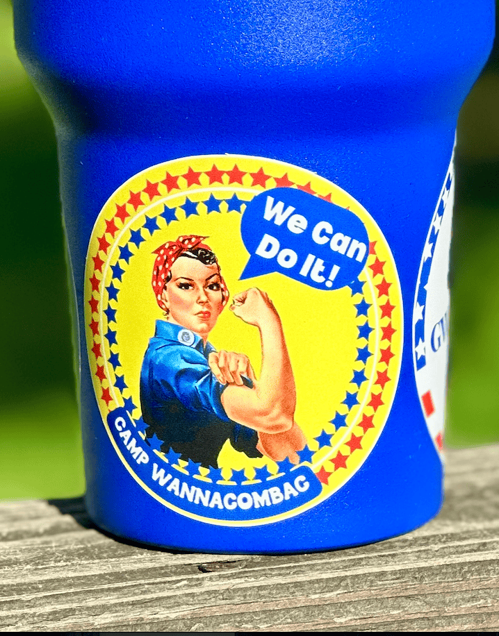 Custom printed tumbler with empowering Rosie the Riveter design.