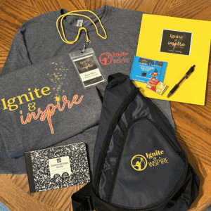 Custom screen printing merchandise including t-shirt, backpack, and accessories for branding.